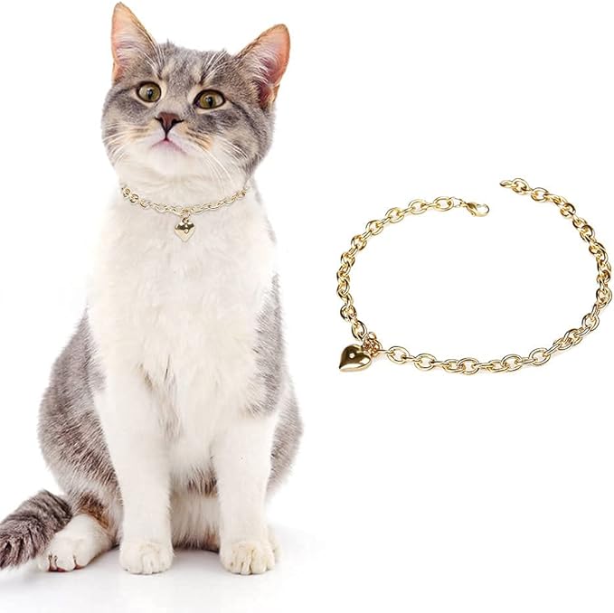 HOWWFALY Dog Collar and Cat Chain Necklace Stainless Steel Adjustable 18K Gold Heart-Shaped Necklace for Small Pets Cats Kitten Puppy (Gold, 12 inch)