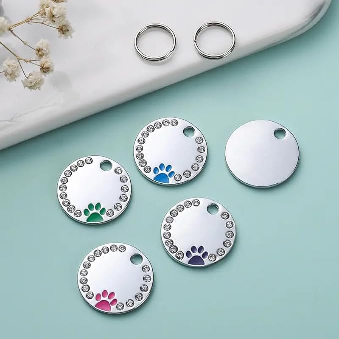 Personalized Dog/Cat Cute Paw Pet ID Tag for Pet Collar or Key Chain - Custom Laser Engraved Unique Dog/cat Name tag with Phone Number (Blue, Crystals Round-Small)