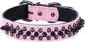 Spiked Studded Dog Collar, Genuine Leather Dog Collar, Adjustable Pet Collars for Medium Large Bulldog Pitbull Mastiff Poodle Boxer (L:37-47cm, Pink-1)