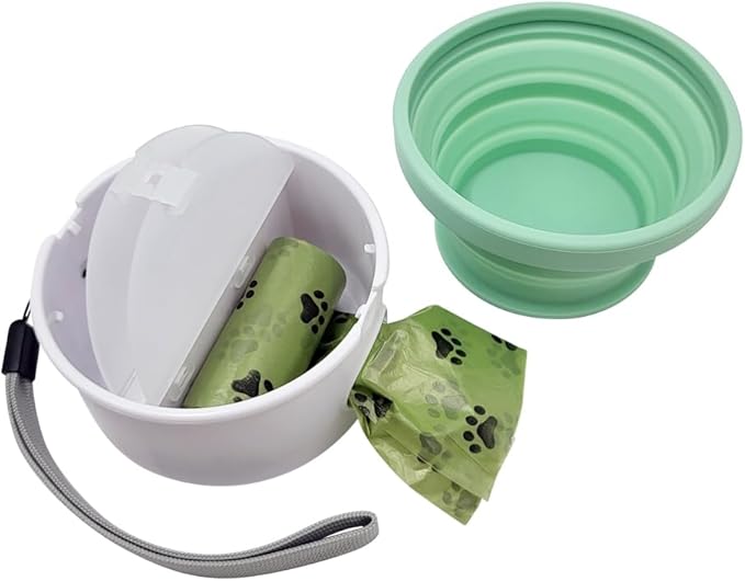 3 in 1 Collapsible Dog Bowl, Treat Container, Poop Bag Holder with 1 Roll Poop Bags – Practical Silicone Dog Bowl, – Durable Pet Bowls for Travel Essentials, Daily Walks (Pink)