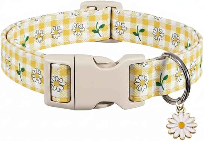 Cute Dog Collar, Yellow Plaid Dog Collar with White Floral Pattern, Spring Summer Design Floral Collar for Girls Boys Extra Small Dogs, Yellow Checkered Daisy, XS