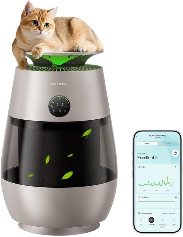 ‌Dreame Pet Air Purifier, Cleans 5,386 ft² in One Hour, 1,346 ft² for Home Large Room, NeverChange 5.4-Year Filters for Odor Purification, 360° Visual Collection of Hair, ‌Pet-Friendly Design, Gold