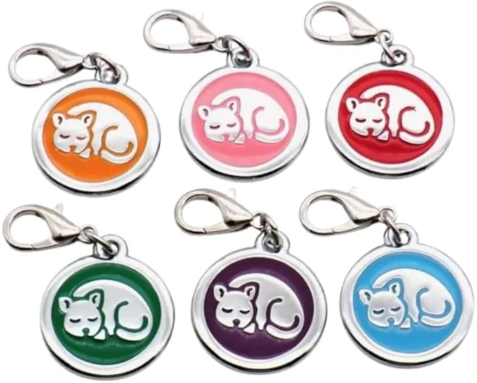 Personalized Pet ID Tags for Kittens and Cats - Custom cat Name tag and ID tag for Collar (Red, Sleeping Cat Round-Small)
