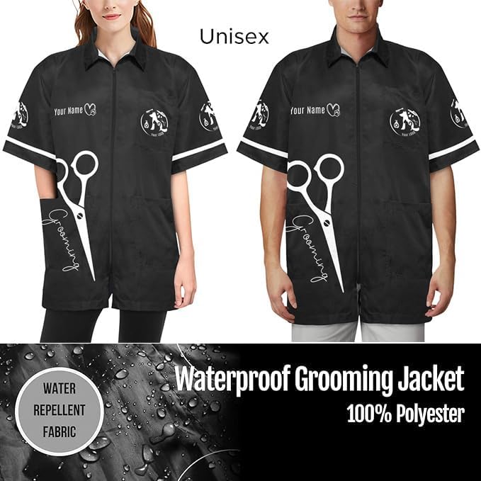 Custom Pet Grooming Jackets with Logo Text, Personalized Dog Salons Groomer Smocks, Unisex Waterproof Workwear