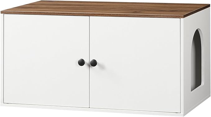 HOOBRO Cat Litter Box Enclosure, Hidden Litter Box Furniture with Side Entry, Litter Box Cabinet, Indoor Cat House, End Side Table, 31.5" L x 17.7" W x 16.3H, for Bathroom, White and Walnut WH40MW01