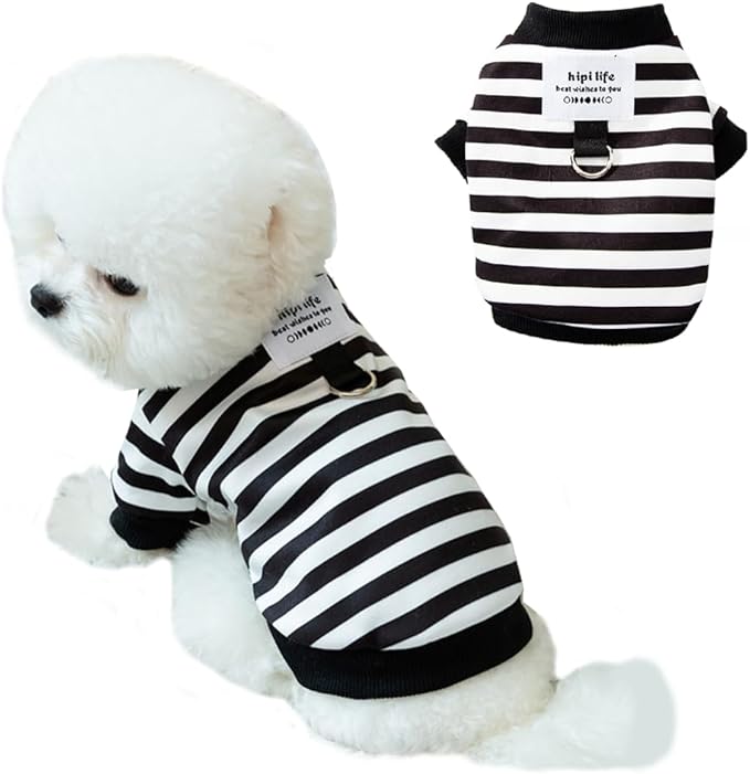 Autumn Dog Hoodies with Leash Ring Warm Striped Puppy Shirt for Small Dog Girl Boy Cat Sweater Winter Pet Clothes Pomeranian Chihuahua Cold Weather Coat (Medium, Black)