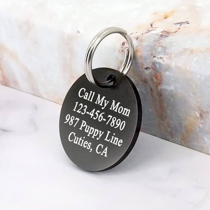 Ultra Joys Custom Personalized Dog ID Tag - Brushed Stainless Steel Round, Black, Small