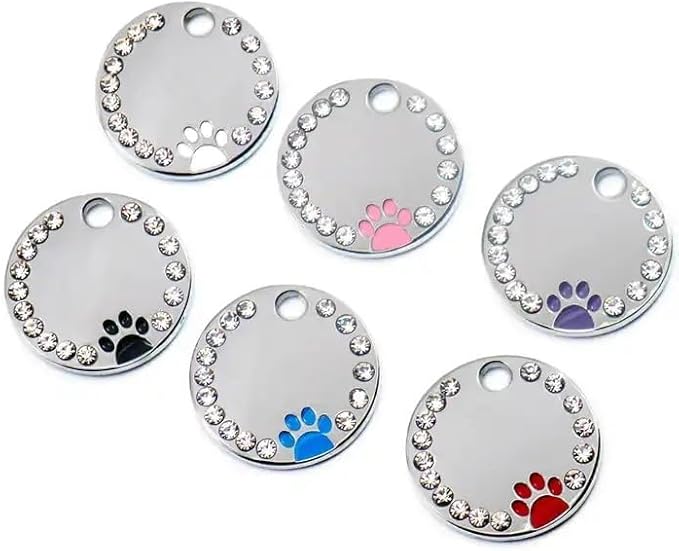 Personalized Dog/Cat Cute Paw Pet ID Tag for Pet Collar or Key Chain - Custom Laser Engraved Unique Dog/cat Name tag with Phone Number (Blue, Crystals Round-Small)