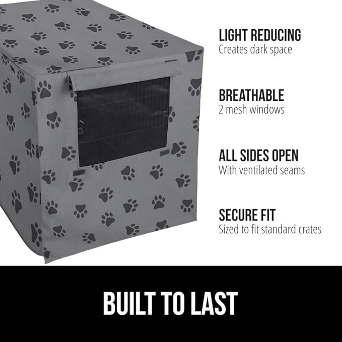 GORILLA GRIP Dog Crate Covers compatible with Amazon Basics Dog Crates, All Sides Open, Privacy Cover Fits 30" Wire Kennel, Breathable Mesh Windows, Light Reducing Puppy Training Cage Topper, Gray Paw