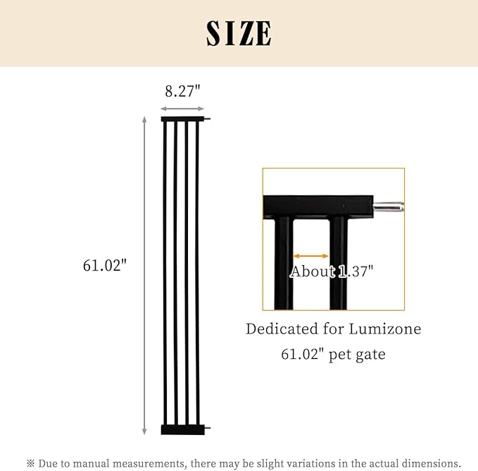 Lumizone Extra Tall Cat Gate Extension Kit 61.02" High Pressure Mounted 8.27" Extra Wide 1.37" Gap No Drilling Tall Pet Gate for Dogs (Black, 61.02" H x 8.27" W, Extension)