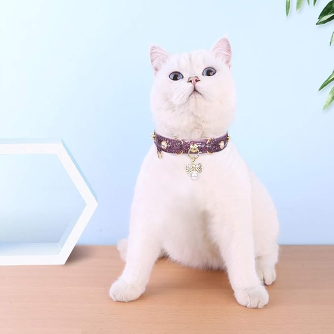 PetsHome Cat Collar, Dog Collar, [Bling Rhinestones] PU Leather Adjustable Pet Collar with Luxury Pendant for Big Cat and Small to Medium Dog Small Purple