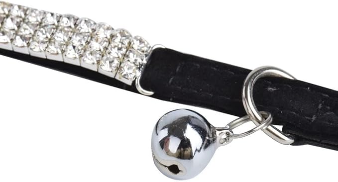 CHUKCHI Soft Velvet Safe Cat Adjustable Collar Bling Diamante with Bells,11 inch for Small Dogs and Cats (Black - 2 Pack)