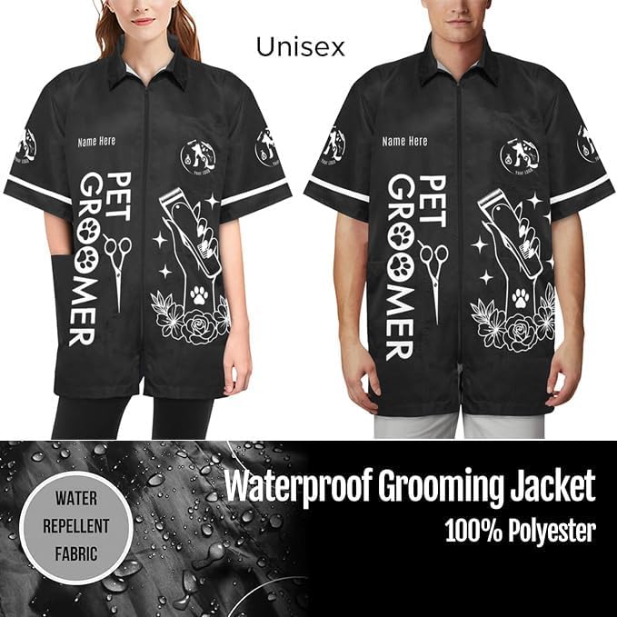 Custom Pet Grooming Jackets with Logo Text, Personalized Dog Salons Groomer Smocks, Unisex Waterproof Workwear