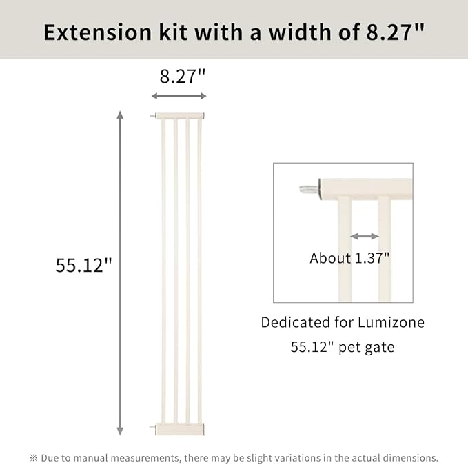 Lumizone Extra Tall Pet Gate 55.12" High Pressure Mounted 8.27" Wide Extension kit 1.37" Gap (Cream White, 55.12" H x 8.27" W, Extension)
