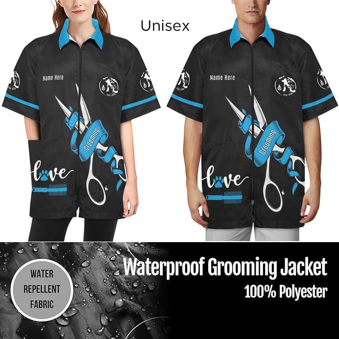 Custom Pet Grooming Jackets with Logo Text, Personalized Dog Salons Groomer Smocks, Unisex Waterproof Workwear