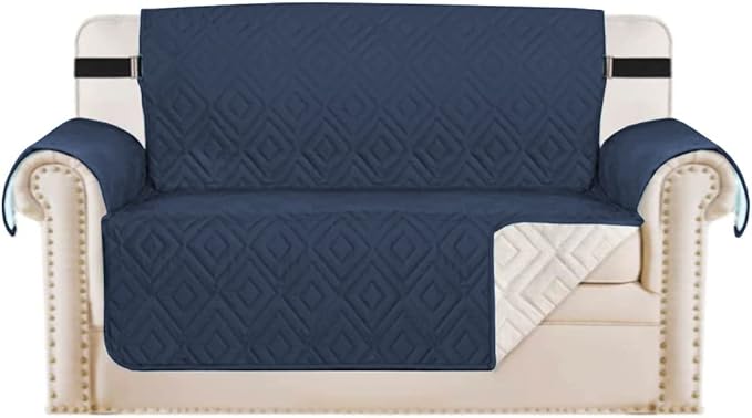 H.VERSAILTEX Reversible Loveseat Cover Furniture Protector Anti-Slip Water Resistant 2 Inch Wide Elastic Straps Couch Covers Pets Kids Fit Sitting Width Up to 46"(Love Seat: 75" x 90", Navy/Beige)