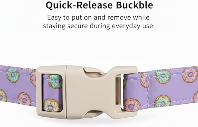 Girl Dog Collar with Unique Purple and Donut Print, Cute Dog Collar for Spring & Summer, Adjustable Pet Collar for Small Dogs