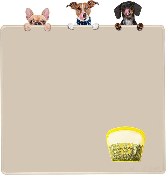 Extra Extra Large Silicone Dog Food Mat 39.4×43.3in and 128oz Silicone Bag Set, Super Size Waterproof Pet Feeding Mat & Container, Non-Slip, Chew-Resistant Floor Protection (Beige&Yellow)