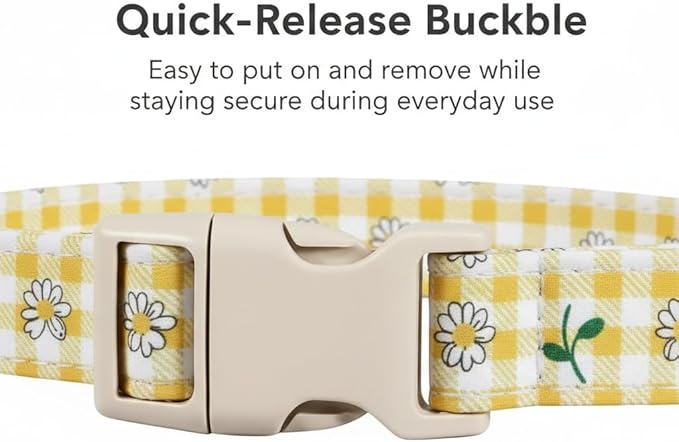 Cute Dog Collar, Yellow Plaid Dog Collar with White Floral Pattern, Spring Summer Design Floral Collar for Girls Boys Small Dogs