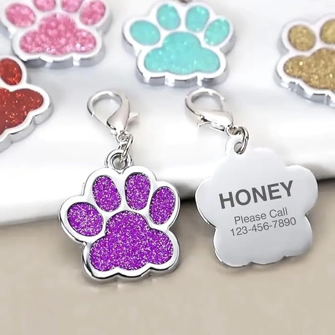 Cute Personalized Pet Name Tags - Glitter Custom Dog/Cat ID Tags, Engraved Paw-Shaped Small: Light Blue
