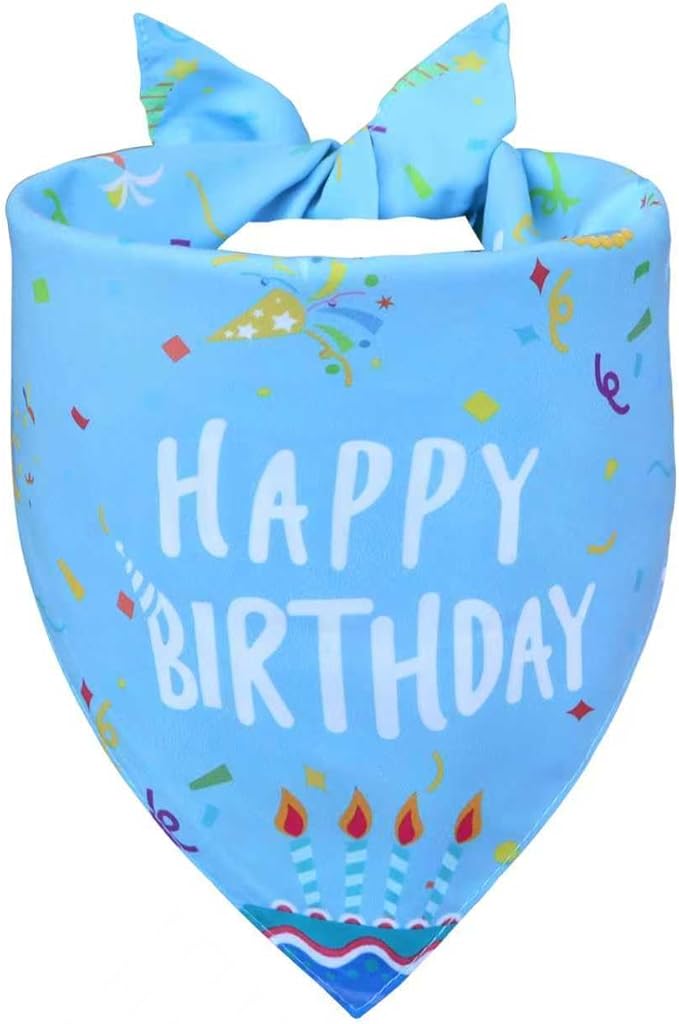 Dog Birthday Bandana Boy for Small Dogs, Reversible 2 Patterns in 1, Blue Confetti Scarf, Happy Birthday Party Outfit Puppy Gift (9-14" Neck)