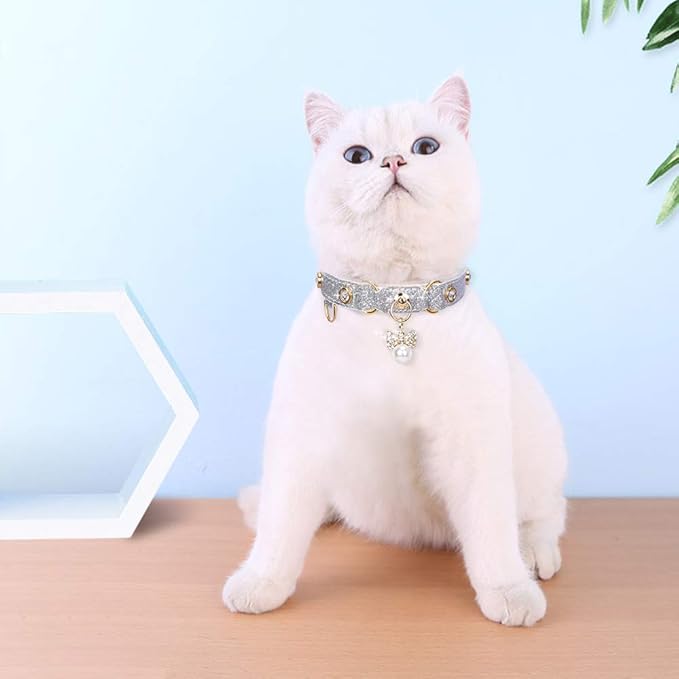 PetsHome Cat Collar, Dog Collar, [Bling Rhinestones] PU Leather Adjustable Pet Collar with Luxury Pendant for Cat and Small Dog Extra Small Silvery