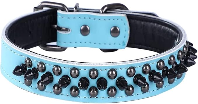 Spiked Studded Dog Collar, Genuine Leather Dog Collar, Adjustable Pet Collars for Medium Large Bulldog Pitbull Mastiff Poodle Boxer (S:27-33cm, Blue-1)