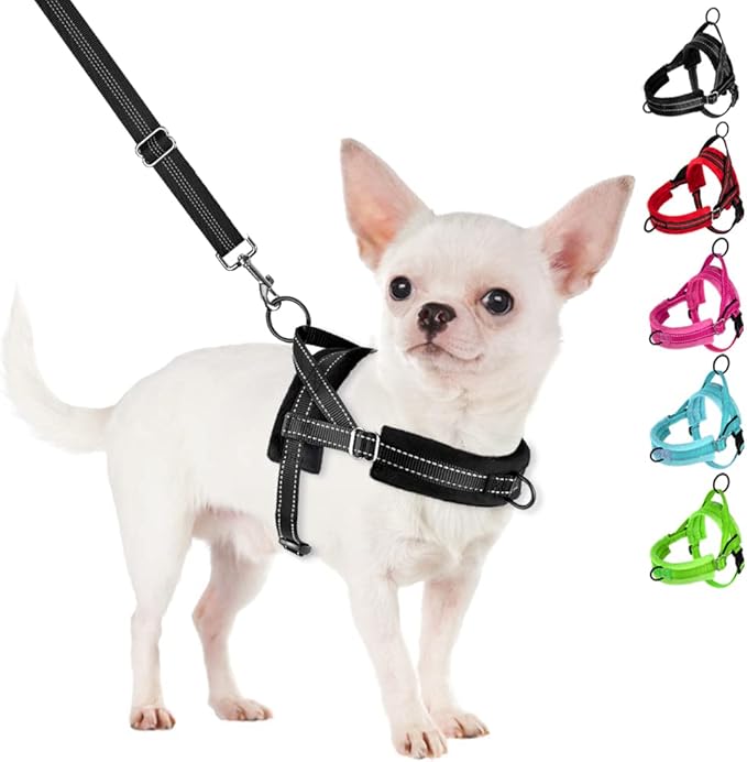 SlowTon No Pull Small Dog Harness and Leash Set, Puppy Soft Vest Harness Neck & Chest Adjustable, Reflective Lightweight & Anti-Twist Pet Lead Combo for Small Medium Dogs (Black, M)