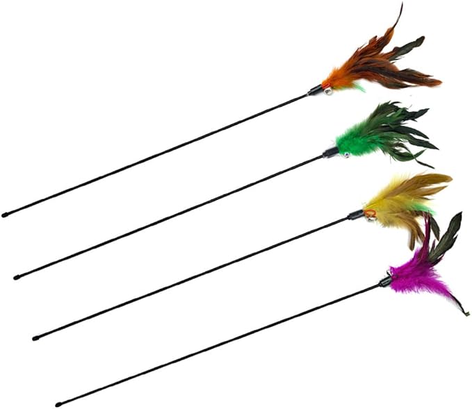 4 PCS Interactive Cat Teaser Wand - 20" Long Wand with Loud Bell for Cat and Kitten