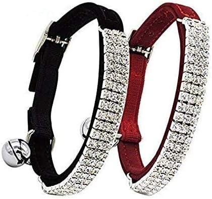 CHUKCHI Soft Velvet Safe Cat Adjustable Collar Bling Diamante with Bells,2 Pcs Black+Red