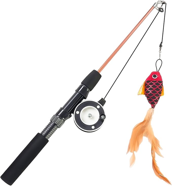 Cat Toys Interactive for Indoor Cats Wand Retractable Fishing Pole with Fish and Feather,Teaser Kitten Toy Bored Adult Pet for Enrichment Playtime Fun,Promotes Healthy Exercise