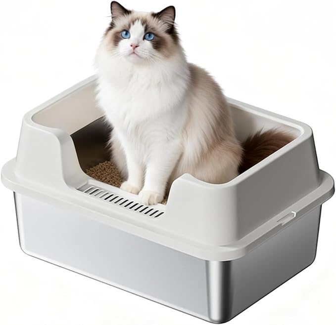 Stainless Steel Litter Box, XL Enclosed Cat Litter Boxes with Lid for Big Cats and Multi-Cats, High Sided, Anti-Urine Leakage Non-Stick Bottom Include Scoop Easy to Clean