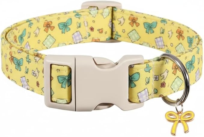 Dog Collars for Medium Dogs, Yellow Dog Collar with Cute Bow Print and Charm, Adjustable Medium Collar for Girl Female Dogs