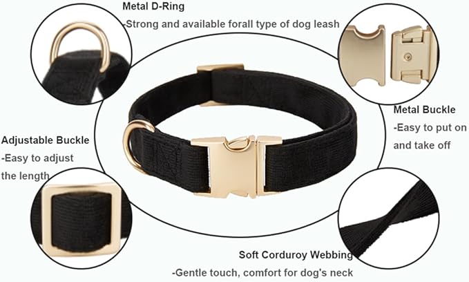 Soft Cotton Dog Collar with Metal Buckle Adjustable Heavy Duty Comfy Corduroy Collars for Small Medium Large Dogs,Black,Small