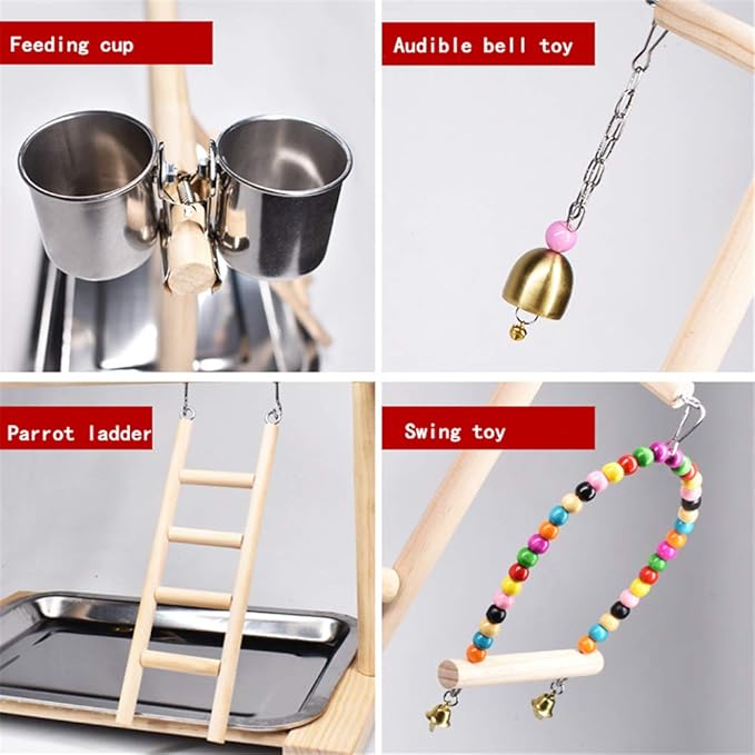 Bird Playground Parrot Playstand, Stand Fun Straw Bell Toys, Ladder Hanging Swing Chew Exercise Toys, for Conure Macaw Cockatiel Finch Small Animals