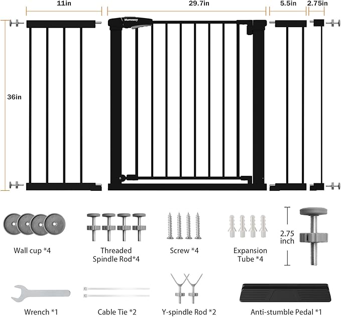 Mumeasy 36" Extra Tall Baby Gate for Stairs, 29.7-51" Wide Dog Gates Indoor for Doorways with Easy Walk Thru, Auto Close Pet Safety Gate for House, Pressure Mounted Metal Child Gate with Door, Black