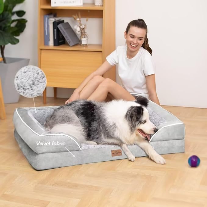 Comfort Expression Orthopedic Dog Bed for Extra Large Dogs 45x35 Inch, Waterproof Egg Crate Foam XL Pet Bed with Removable Bolsters, Dog Couch with Washable Cover & Non-Slip Bottom, Grey White