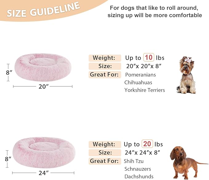 WNPETHOME Calming Dog Bed Cat Bed Donut, Faux Fur Pet Bed Self-Warming Donut Cuddler, Comfortable Round Plush Dog Beds (24 x 24 x 8 Inch, Light Pink)