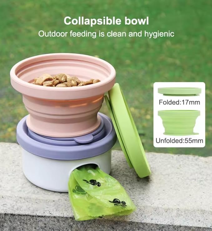 3 in 1 Collapsible Dog Bowl, Treat Container, Poop Bag Holder with 1 Roll Poop Bags – Practical Silicone Dog Bowl – Durable Pet Bowls for Travel Essentials, Daily Walks (Green)
