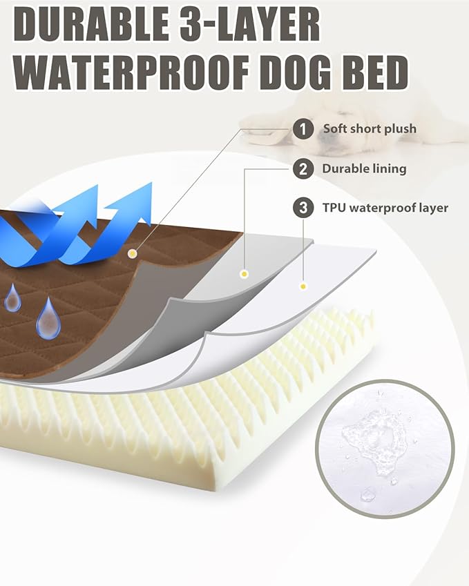 Orthopedic XL Dog Beds Large Sized Waterproof with Removable Washable Cover and Non-Slip Bottom, Quilting Dog Bed for Crate, 41x27 Inch, Brown