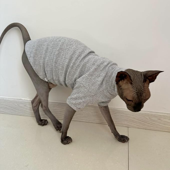 Sphynx Hairless Cats Shirt Cotton Cat Turtleneck Sweater Pullover Kitten T-Shirts with Sleeves Cat Pajamas Jumpsuit for Sphynx Cornish Rex, Devon Rex, Peterbald (XX-Large (Pack of 1), Light Grey)