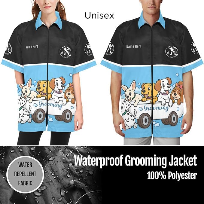 Custom Pet Grooming Jackets with Logo Text, Personalized Dog Salons Groomer Smocks, Unisex Waterproof Workwear