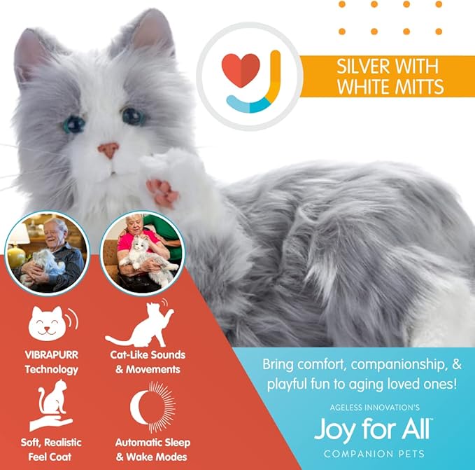 JOY FOR ALL Companion Pet for Seniors - Lifelike Animatronic Cat - Realistic Soft-Touch Fur & Purring - Therapy Stuffed Animal - Toy for Alzheimer's & Dementia - Silver w/White