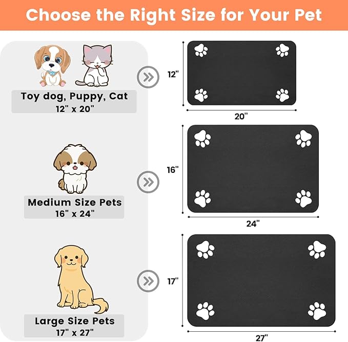Pet Feeding Mat-Absorbent Pet Placemat for Food and Water Bowl, with Waterproof Rubber Backing, Quick Dry Water Dispenser Mat for Dog and Cat (27"x17", Black)
