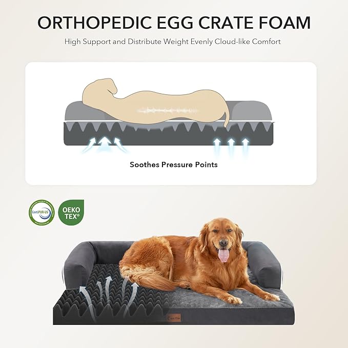 Orthopedic Dog Beds for Large Sized Dogs, Waterproof Egg Crate Foam Large Dog Couch Beds with Comfy Bolster 36x27Inch, Washable Pet Beds with Removable Cover and Nonskid Bottom, Dark Grey