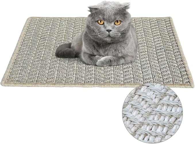 Premium Brazilian Cat Scratcher Mat – 24'' x 16'' Natural Fiber 100% Sisal with Jute Border, Ultra Durable, Scratching Pad, Doormat Rug, Protects Furniture and Carpets (Light Grey)