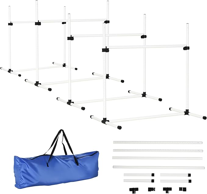PawHut 4 Piece Dog Agility Training Equipment for Dog Agility Course with Adjustable Height Jump Bars, Included Carry Bag, & Displacing Top Bar, White