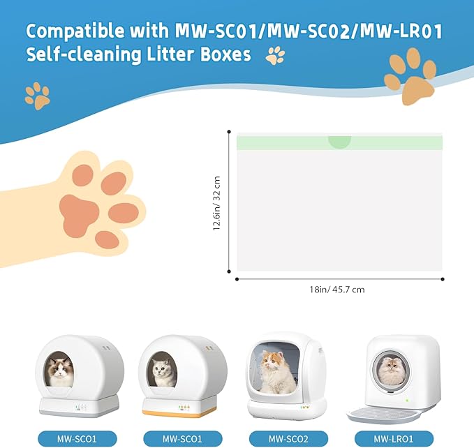 20 Count Cat Litter Box Liners Bag Compatible with Meo Want Self-cleaning Cat Litter Box MW-SC01 MW-SC02 MW-LR01, Leak-Proof Drawstring Bags - Heavy Duty Replacement Liners 18" x 12.6"