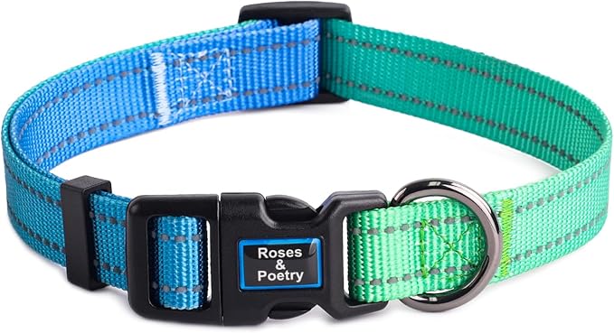 Roses&Poetry Large Dog Collar, Adjustable Reflective Durable Pet Collars for Small Medium Large Dogs (Bluegreen-L)