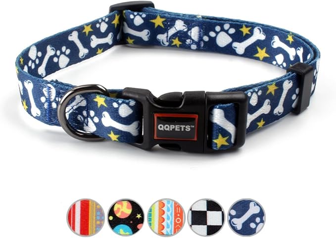 QQPETS Adjustable Soft Dog Collar: Print Flower Pink Multicolor Cute Patterns for XS Small Medium Large Pet Girl Boy Puppy Walking Running Training (L, Bone)